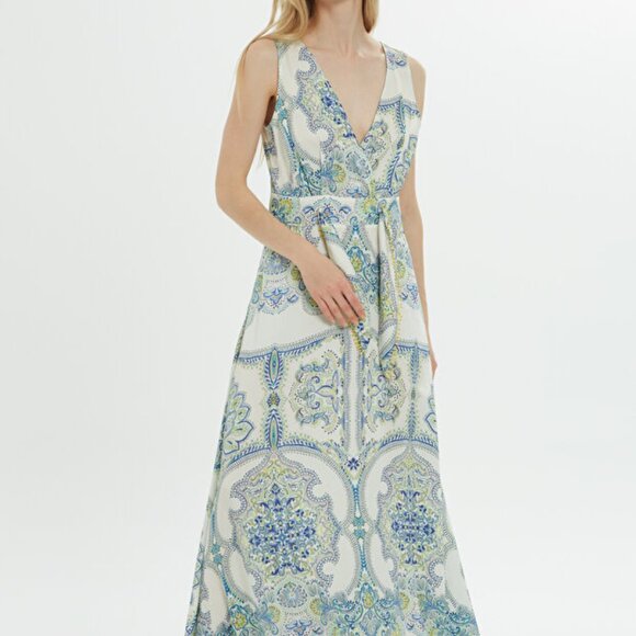 Belt Detailed Patterned Blue Dress - Picture 1 of 8